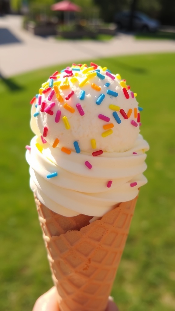 A delicious scoop of vanilla ice cream in a cone with sprinkles, set against a sunny outdoor background.